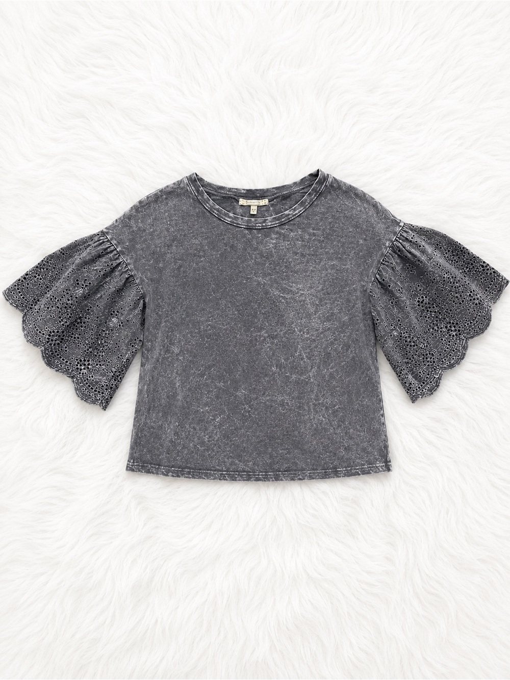 Gimmicks Acid Wash Eyelet Puff Sleeve Top XS Boho Cottagecore Boutique Blouse
